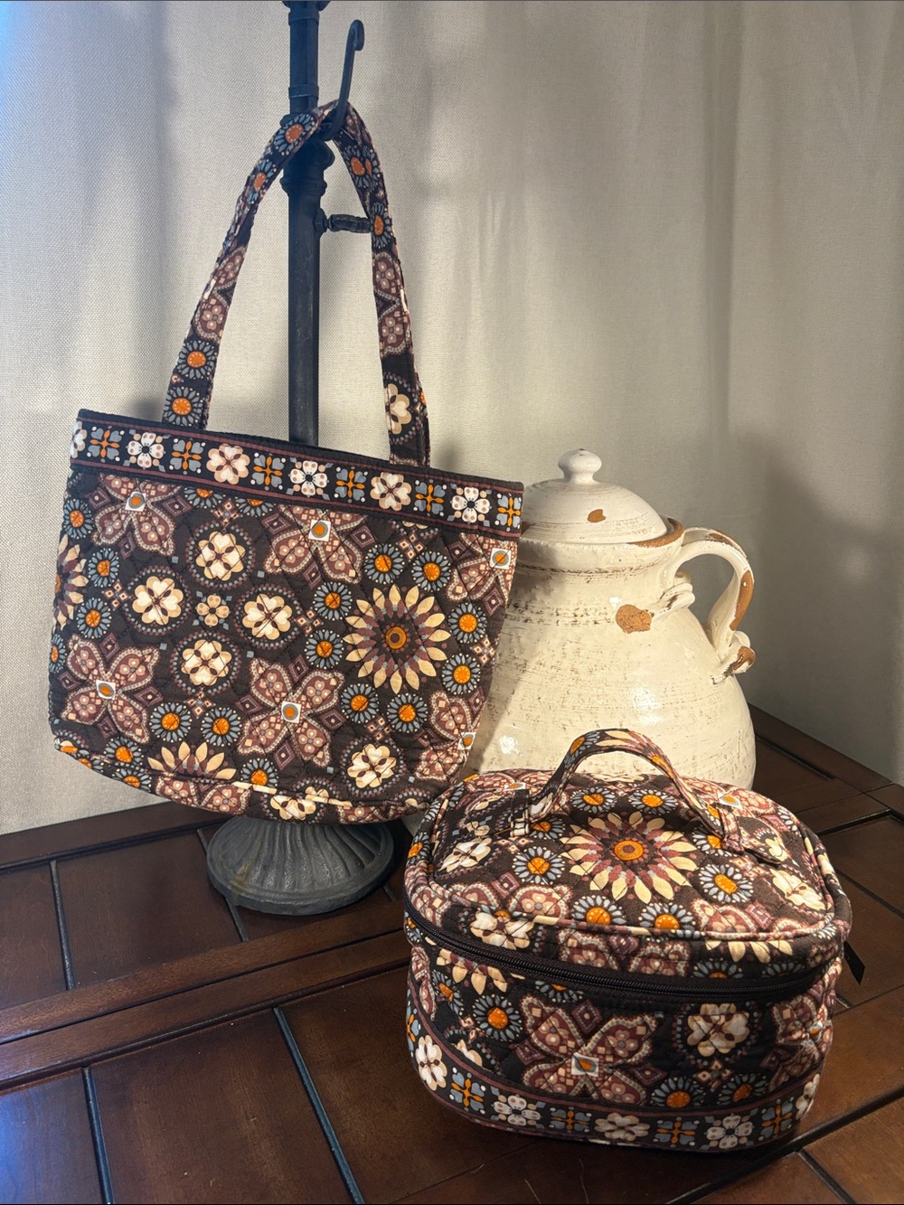 Vera Bradley Brown Floral Quilted Tote and Cosmetic Bag Set